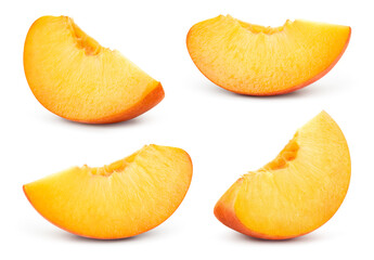 Peach slice isolated. Peach set on white background. Peaches collection. With clipping path.