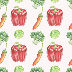 Watercolor seamless pattern with vegetables : red pepper ,broccoli ,red hot chilli pepper ,brussels sprout. Good for kitchen ,textiles , wrapping paper, vegetarian menu.
