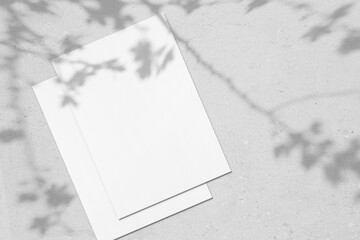 Two empty white vertical rectangle poster mockups lying diagonally with soft shadows of blooming tree leaves and flowers on neutral light grey concrete wall background. Flat lay, top view