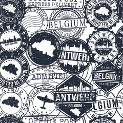 Obraz premium Antwerp Belgium Stamps Background. City Stamp Vector Art. Postal Passport Travel. Design Set Pattern.