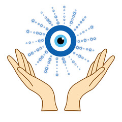 illustration of mystical goddess hands,evil eye, celestial symbols of moon phase. Esoteric, spiritual, wicca occult inspired concept.