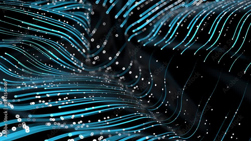 Poster loop animation of flowing technology lines with particles, rendered with bokeh effect. blueline stri