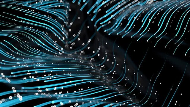 Loop animation of flowing technology lines with particles, rendered with bokeh effect. Blueline stripes moving on the deformed surface.