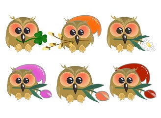 Set of cute owls with different symbols in their beak. Bright good-natured cartoon characters. Vector collection of isolated funny birds for the holidays. White background.