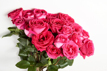 Bouquet of pink roses on white background with copy space