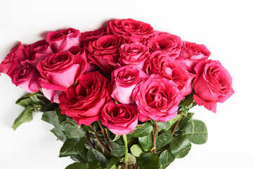 Bouquet of pink roses on white background with copy space