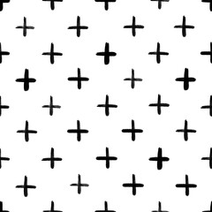 Abstract plus sign monochrome seamless pattern. Hand drawn black and white grunge brush vector illustration.