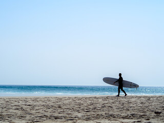 A surfer walks alone in the beach with the ocean in the background.