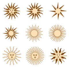 Magic concept, vintage sun with face, gold and black, engraving stylized. Illustration for astrology, boho design, pagan symbols for divination.