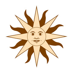 Magic concept, vintage sun with face, gold and black, engraving stylized. Illustration for astrology, boho design, pagan symbols for divination.