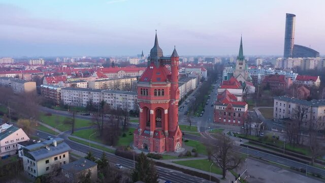 Wroclaw, Poland. Aerial view of historic Water Tower situated in Borek, the district of Krzyki
