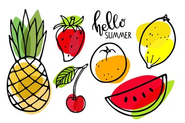 Summer seasonal fruit set. Watermelon, pineapple, strawberry, lemon, orange fruit, cherry sketch isolated. Bright fruits. Organic vector food. Eco healthy ingredient For poster, banner, coupon