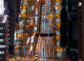 The view of the night road lights as seen from the Tokyo Tower. Japan