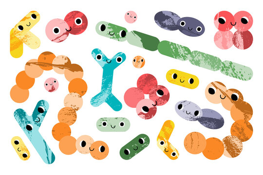 Cute lactic acid bacteria character. Probiotics. Good kawaii microorganism for gut, intestinal flora health. Bifidobacterium, lactobacillus, lactococcus, thermophilus streptococcus. Vector cartoon set
