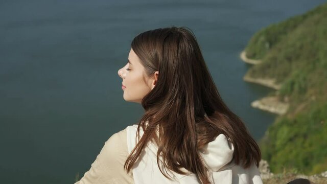 Woman spending leisure time at national park Podillya Tovtry