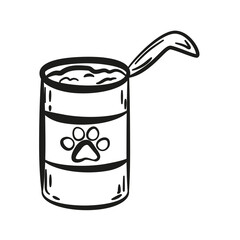 Cat or Dog pet food canned isolated in doodle style. Open conserve tin on white background. Vector illustration.