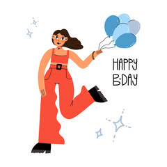 Birthday greeting card design. Cute girl in red outfit and choker holding balloons and dancing. Happy B-Day lettering.