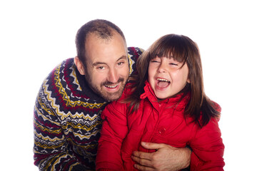 father and daugther happy and smiling with empty board. white background
