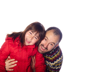 father and daugther happy and smiling with empty board. white background