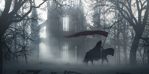 Lone knight riding horse holding a red flag on a winter snowy landscape near an old cathedral in ruins in a foggy cold morning - concept art - 3D rendering 