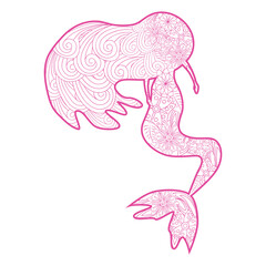 Beautiful mermaid in zentangle style, patterned mermaid tail, anti stress coloring book for adults.