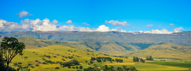 Panoramic Drakensberg mountain escarpment around Cathkin park in Kwazulu natal South Africa