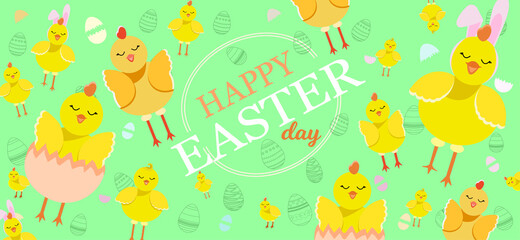 Flat picture for the holiday of Holy Easter. Light Christian Holiday. Green Background Chickens Different Funny. Funny Picture. Concept.Set.Cartoon.Bird