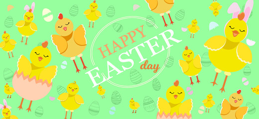 Flat picture for the holiday of Holy Easter. Light Christian Holiday. Green Background Chickens Different Funny. Funny Picture. Concept.Set.Cartoon.Bird