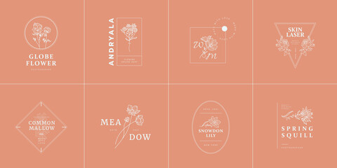 Abstract Flowers Vector Signs or Logo Templates. Retro Floral Illustration with Classy Typography. Feminine Logo. Modern Logo Template for florist, photographer, fashion blogger, design studio.