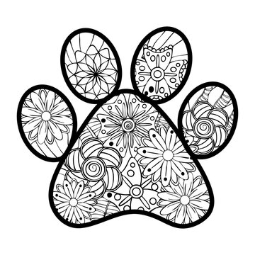 monochrome hand drawn zentagle illustration of dog paw print. Coloring page isolated on white background. Boho style.
