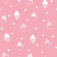 Coffee, tea, cocoa cups with whipped frosting vector illustration on coral pink dot repeat seamless background pattern.