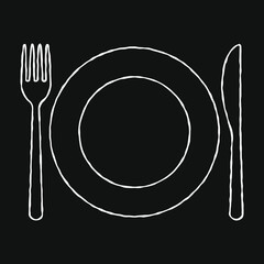 Fork knife and plate icon. Simple flat shape restaurant or cafe place logo sign. Cartoon sketch draw style. Kitchen and diner menu symbol. Vector illustration image.