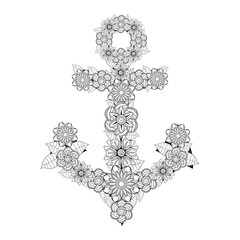 Hand drawn illustration of romantic sea anchor entwined with rose flowers