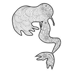 Beautiful mermaid in zentangle style, patterned mermaid tail, anti stress coloring book for adults.