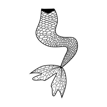 Beautiful mermaid in zentangle style, patterned mermaid tail, anti stress coloring book for adults.