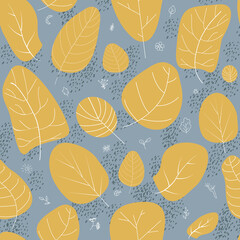 Seamless pattern flat yellow leavs grey background