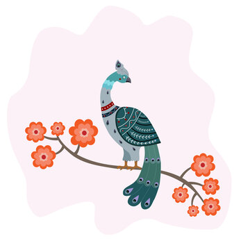 Peacock sitting on the blooming branch.
Cartoon vector clipart.
