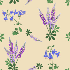 Seamless summer pattern with lupine and aquilegia. Vector illustration.