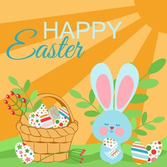 Easter bunny and a basket with painted eggs on the green grass under the rays of the orange warm sun. Easter card in flat style.