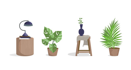 Set with interior items and flowers. Stool, bedside table, indoor plants, lamp. Wooden objects. An interior item. Design element, layout, illustration, print. Vector illustration.