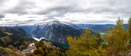 Fototapeta na wymiar Panorama view from Jenner mountain to lake Königssee in Bavaria, Germany