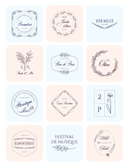 Floral Hand Drawn Logo Templates set. Elegant emblems with leaves, flowers and letters. Flower or lingerie shop. Perfect for wedding invitations, feminine logos, website design or brand identity