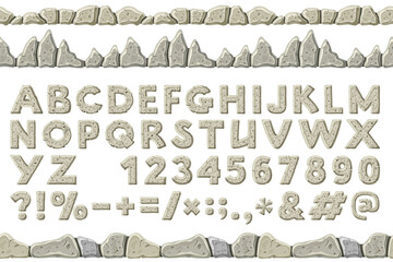 Cartoon rock alphabet font, punctuation marks. Stone age character letters. Seamless old gray borders. Capital letters and numbers isolated on white background. Vector objects.