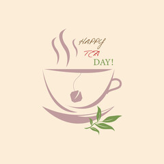 Vector illustration dedicated to international tea day. Silhouette of a cup of tea on a light beige background.Banner, poster, signboard, etc. For various purposes of design.