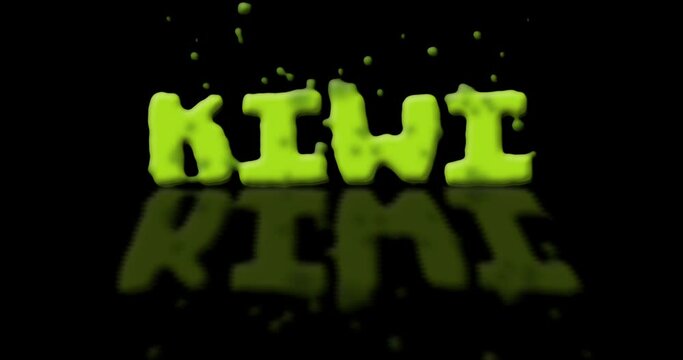 animated logo lettering kiwi with drops in zero gravity with reflection