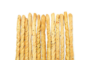 Tasty grissini breadsticks isolated on white background