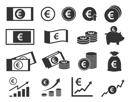 euro coins and banknotes icons, money signs set