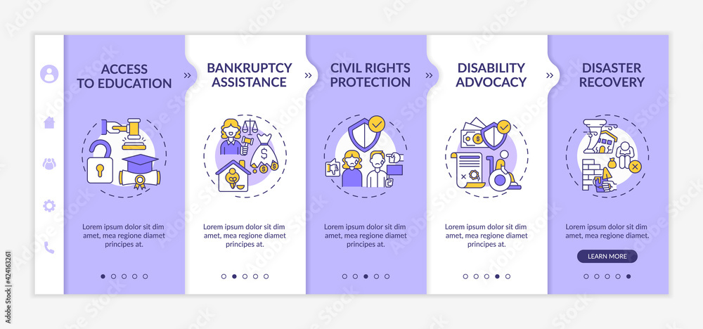 Poster legal services types onboarding vector template. responsive mobile website with icons. web page walk