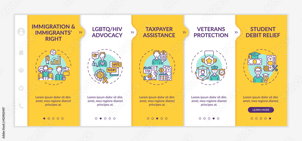 Poster legal services types onboarding vector template. responsive mobile website with icons. web page walk