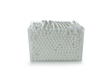 Plastic box with cotton swabs isolated on white background